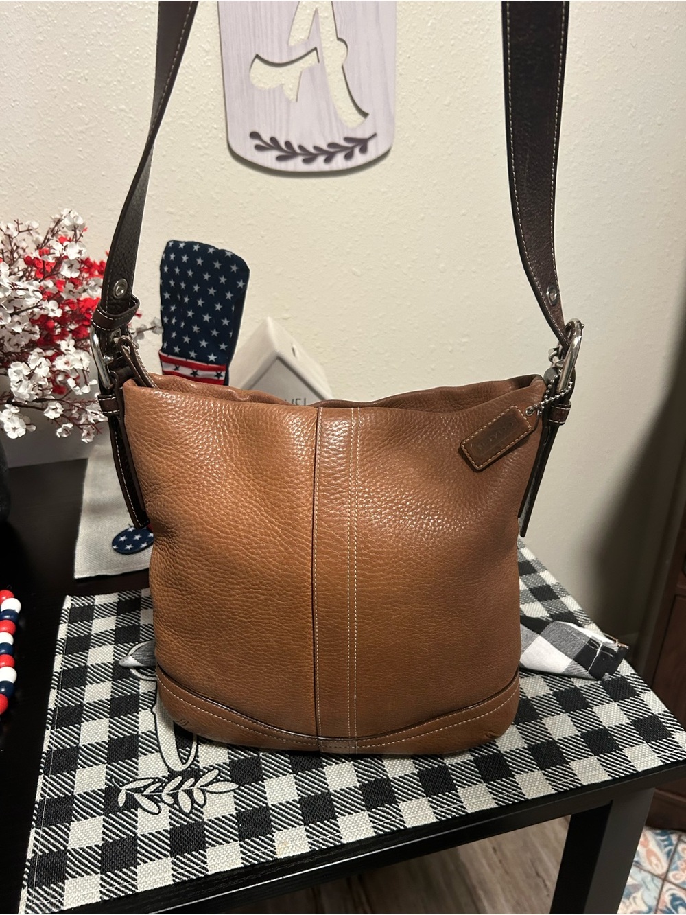 Coach Legacy Camel Pebbled Leather Convertible Bag with Dark Strap F10941